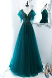 Green A-line Appliques Long Formal Dress with Flutter HZ0307