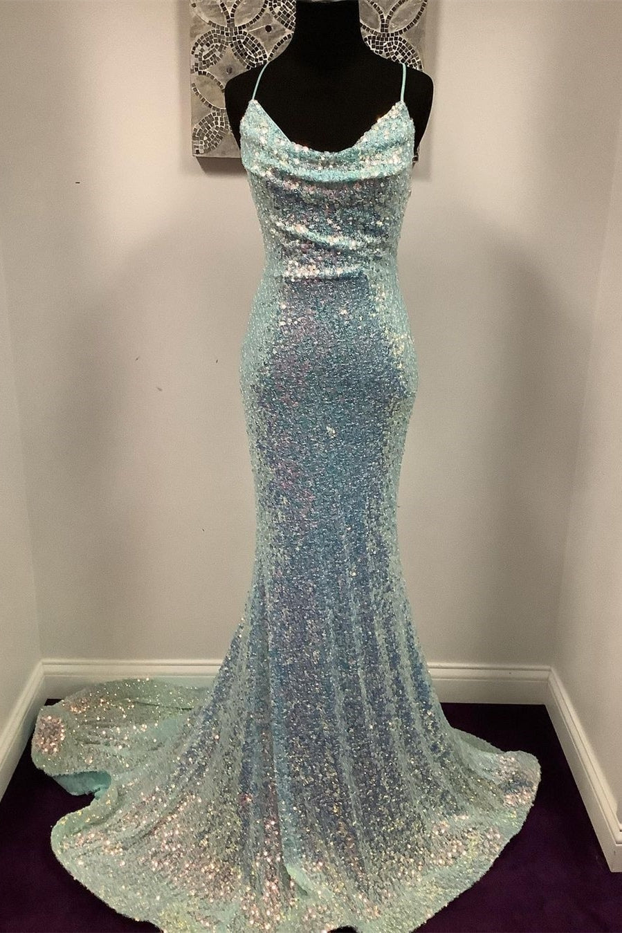 Mermaid Light Blue Sequin Long Prom Dress with Cowl HZ0307