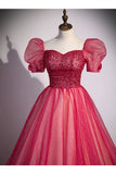 Short Sleeves Red Beaded A-line Long Formal HZ0307