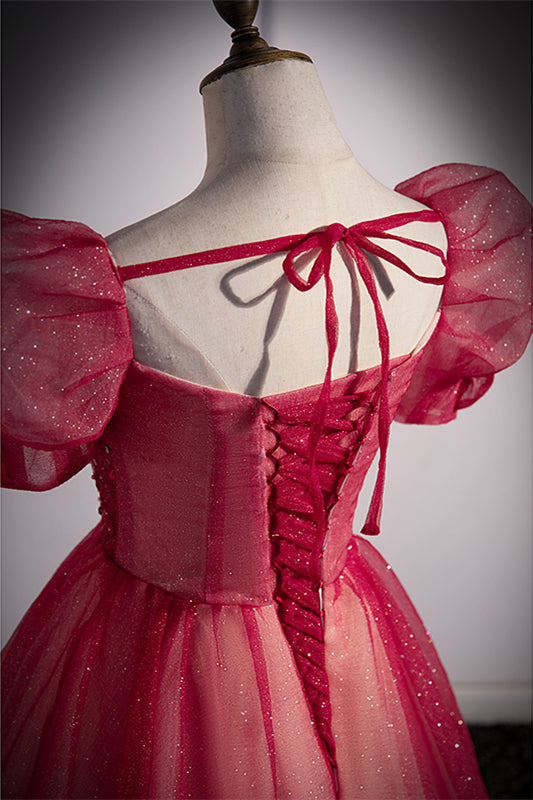 Short Sleeves Red Beaded A-line Long Formal HZ0307