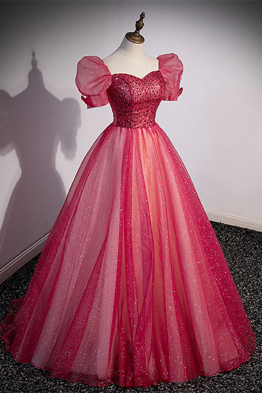 Short Sleeves Red Beaded A-line Long Formal HZ0307
