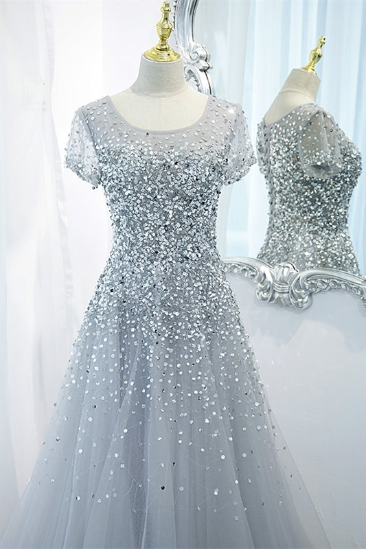 Cap Sleeves Silver Sequins A-line Long Formal HZ0307