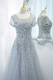 Cap Sleeves Silver Sequins A-line Long Formal HZ0307