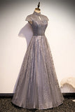 Elegant High Neck Grey Sequined Long Evening HZ0307