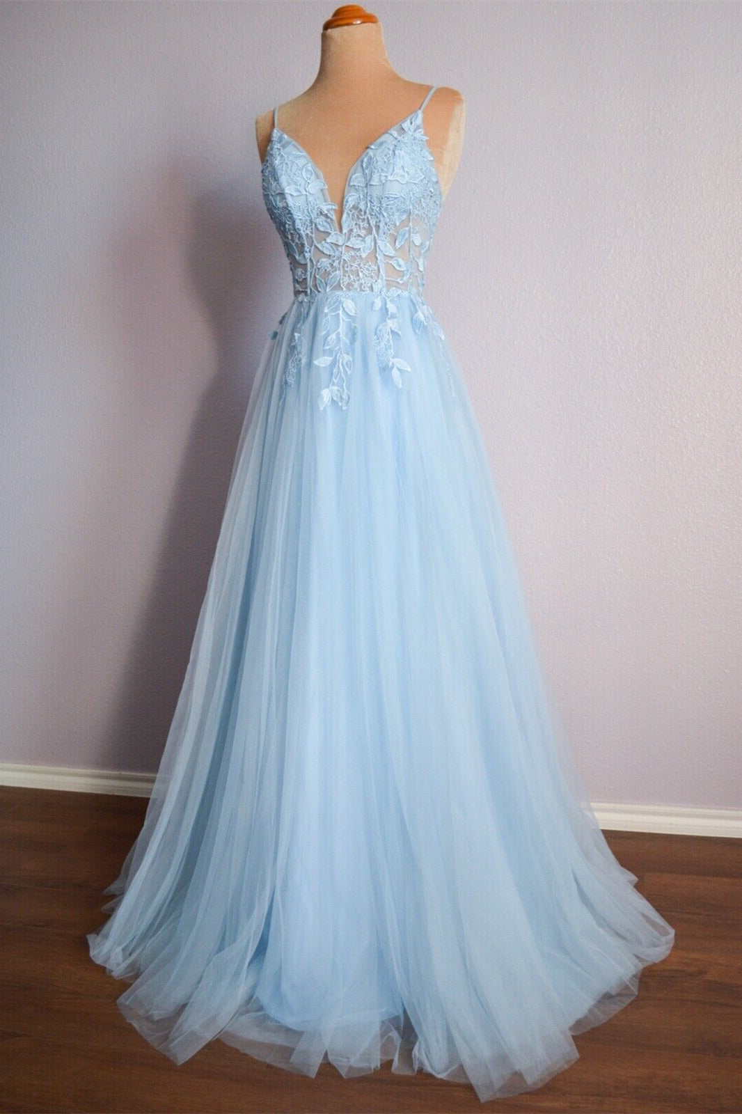 Straps Light Blue Tulle and Lace Appliques Long Formal HZ0307