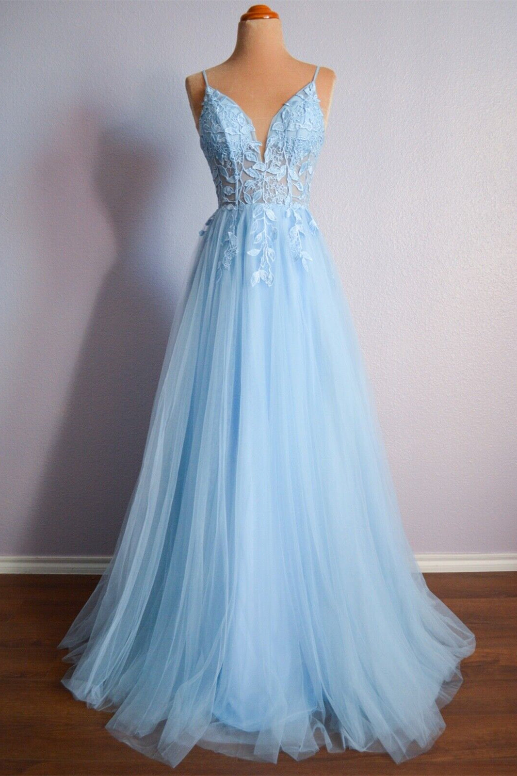 Straps Light Blue Tulle and Lace Appliques Long Formal HZ0307