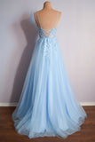 Straps Light Blue Tulle and Lace Appliques Long Formal HZ0307