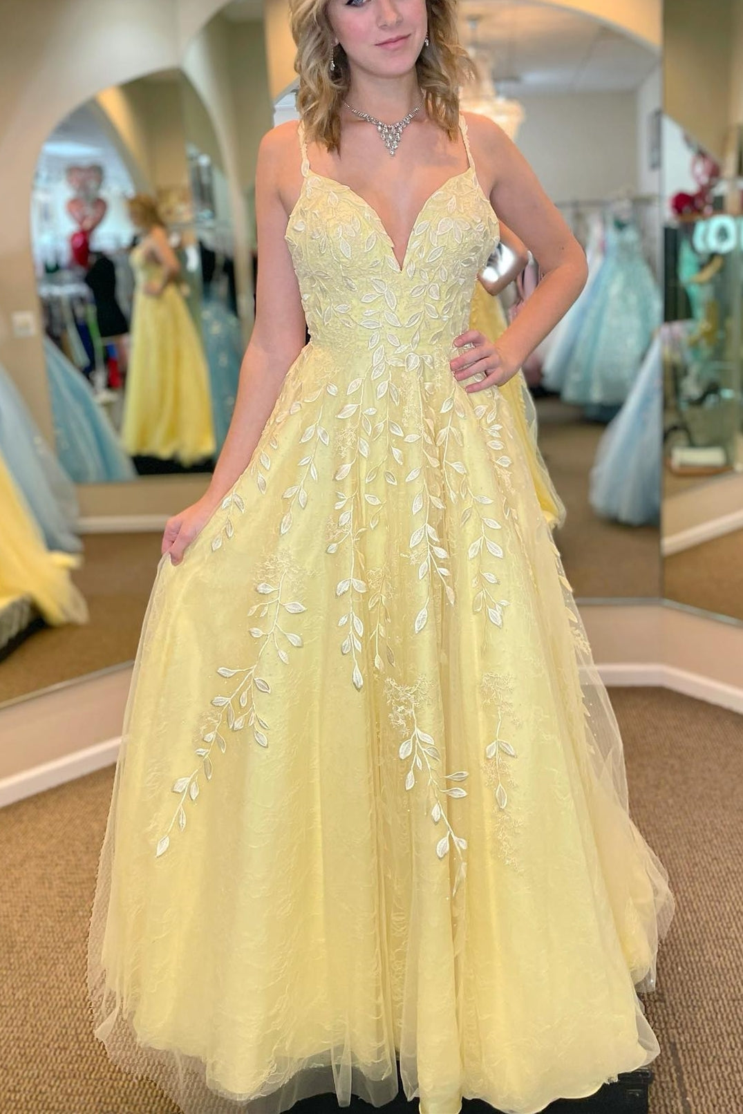 Princess Yellow Lace Appliques A-line Long Formal HZ0307
