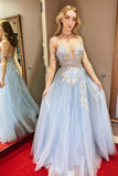 Blue Straps A-line White and Yellow Floral Embroidered Prom HZ0307