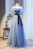 Cap Sleeves Blue A-line Tulle Long Formal HZ0307