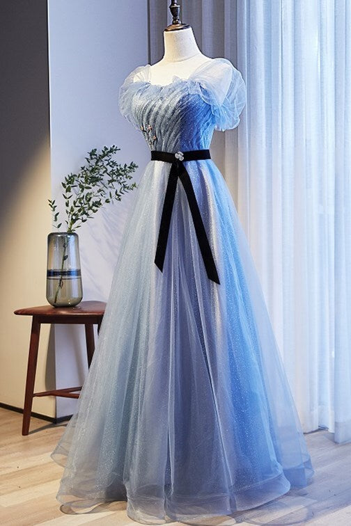 Cap Sleeves Blue A-line Tulle Long Formal HZ0307