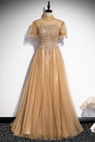 Short Sleeves Champagne Long Party Dress with High HZ0307
