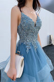 A-line Blue Lace Appliques Long Prom HZ0307