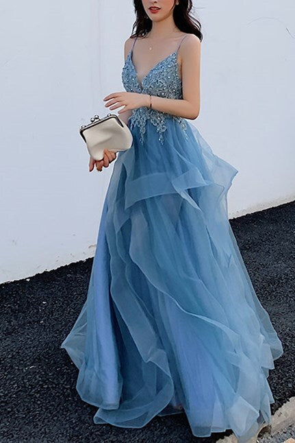 A-line Blue Lace Appliques Long Prom HZ0307