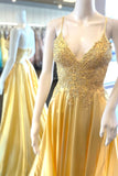 Elegant Yellow Satin Lace Appliques Spaghetti Straps Long Prom HZ0307