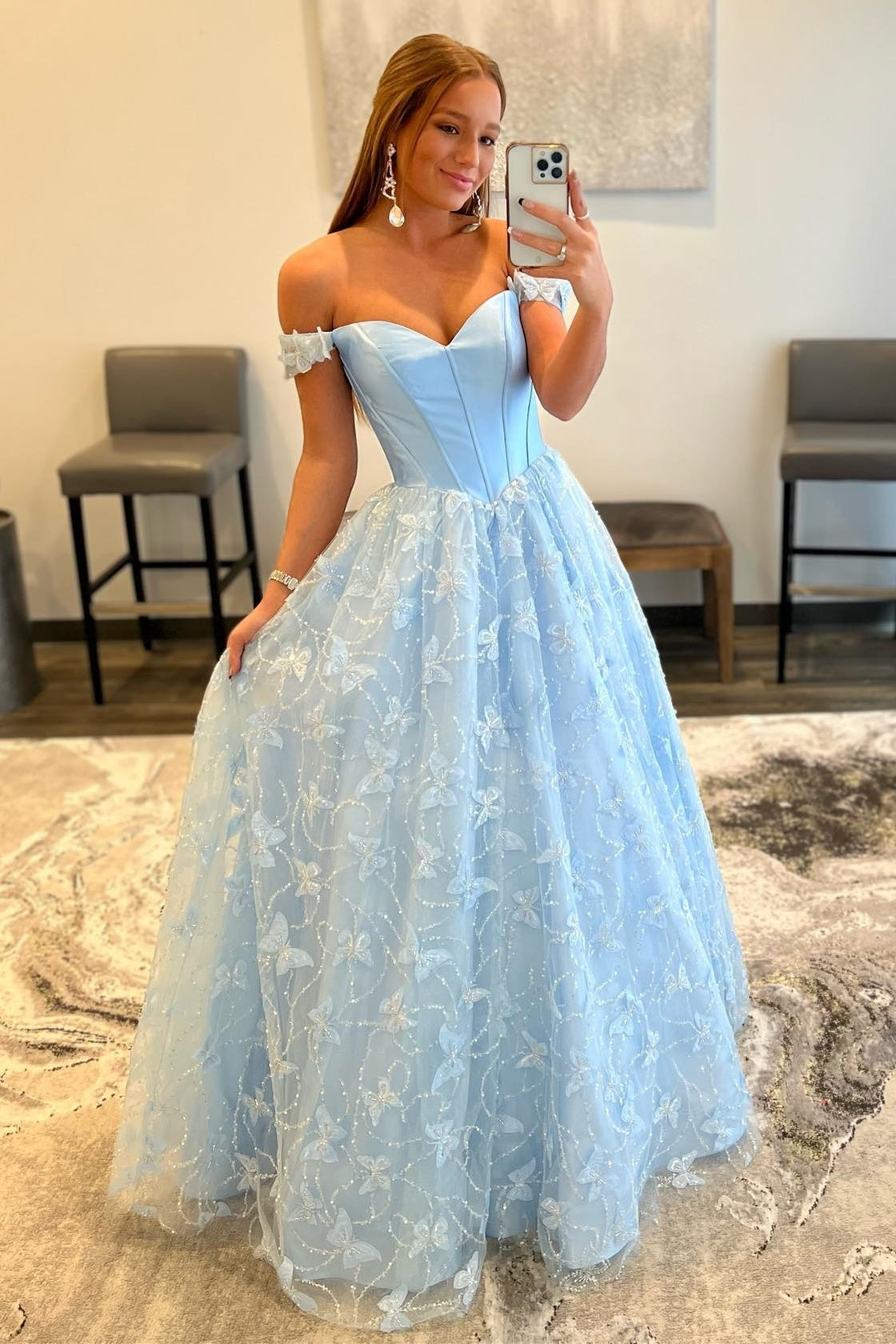 Princess Blue Off the Shoulder A-line Long Formal HZ0307