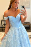Princess Blue Off the Shoulder A-line Long Formal HZ0307