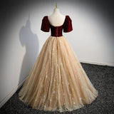 Short Sleeves Burgundy Velvet and Champagne Tulle Formal HZ0307