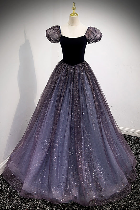Navy Blue A-line Short Puffy Sleeves Princess Long HZ0307