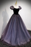 Navy Blue A-line Short Puffy Sleeves Princess Long HZ0307