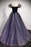 Navy Blue A-line Short Puffy Sleeves Princess Long HZ0307