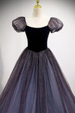 Navy Blue A-line Short Puffy Sleeves Princess Long HZ0307