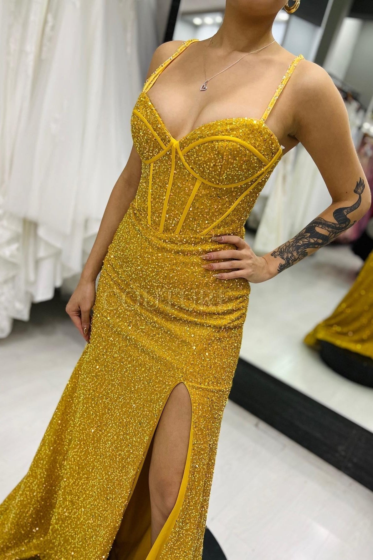 Yellow Sequin Straps Mermaid Long Prom Dress with Lace Up HZ0307