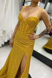 Yellow Sequin Straps Mermaid Long Prom Dress with Lace Up HZ0307