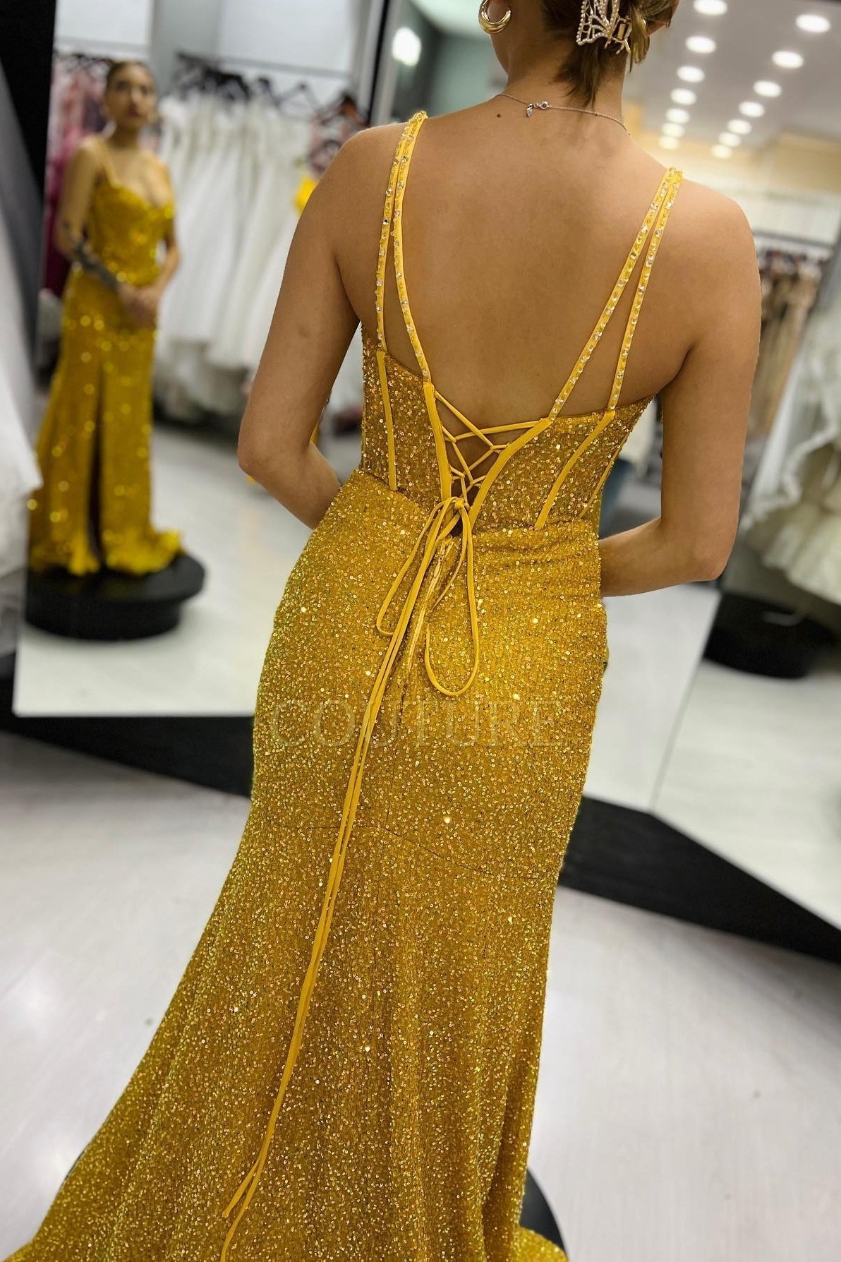 Yellow Sequin Straps Mermaid Long Prom Dress with Lace Up HZ0307