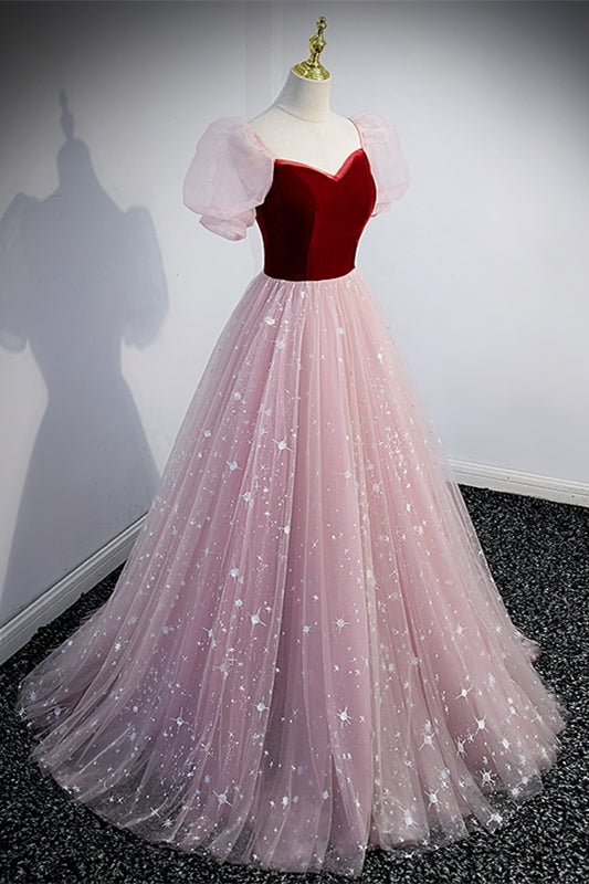 Princess Pink Soft Tulle and Burgundy Velvet Long Formal HZ0307
