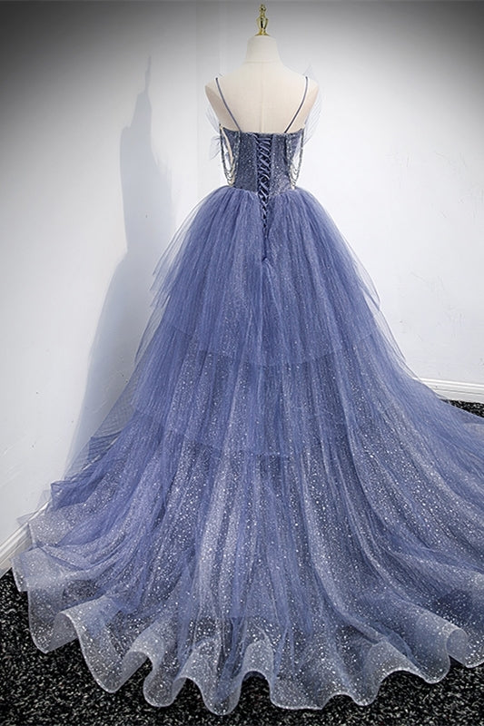 Princess Blue Spaghetti Straps Tiered Long Formal HZ0307