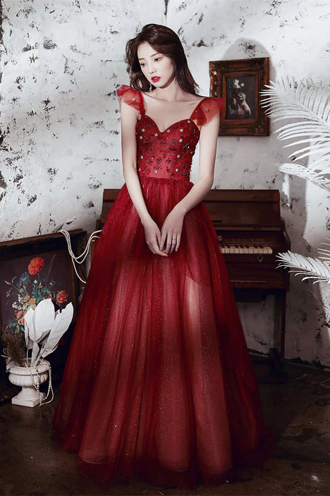 A-line Wine Red Tulle Long Party HZ0307