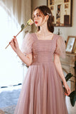 Short Puffy Sleeves Pearls Pink A-line Long Formal HZ0307