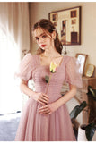 Short Puffy Sleeves Pearls Pink A-line Long Formal HZ0307