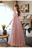 Short Puffy Sleeves Pearls Pink A-line Long Formal HZ0307