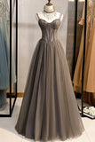 Double Straps Grey A-line Long Prom HZ0307