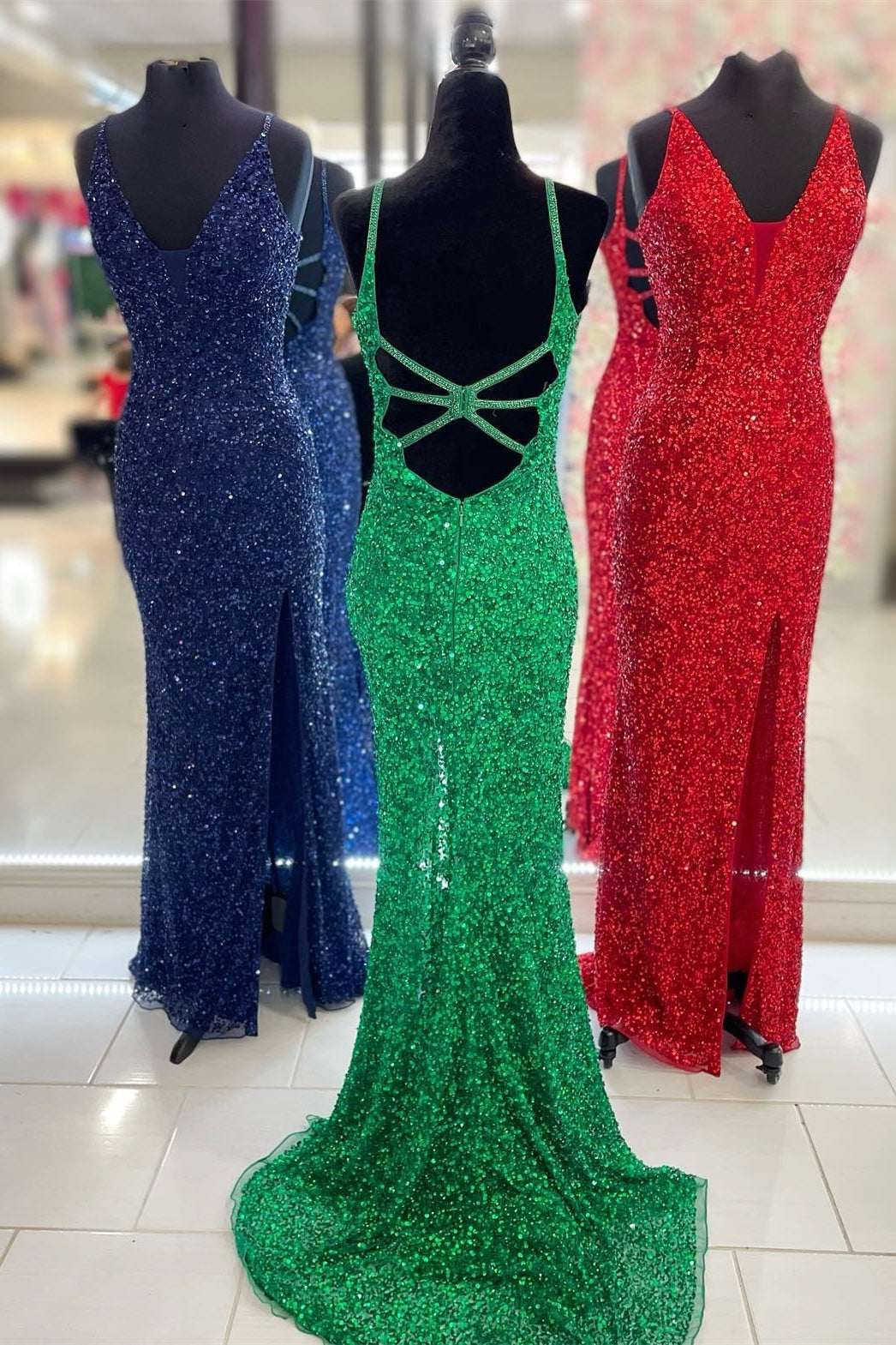 Elegant Mermaid Sequin V Neck Long Formal HZ0307