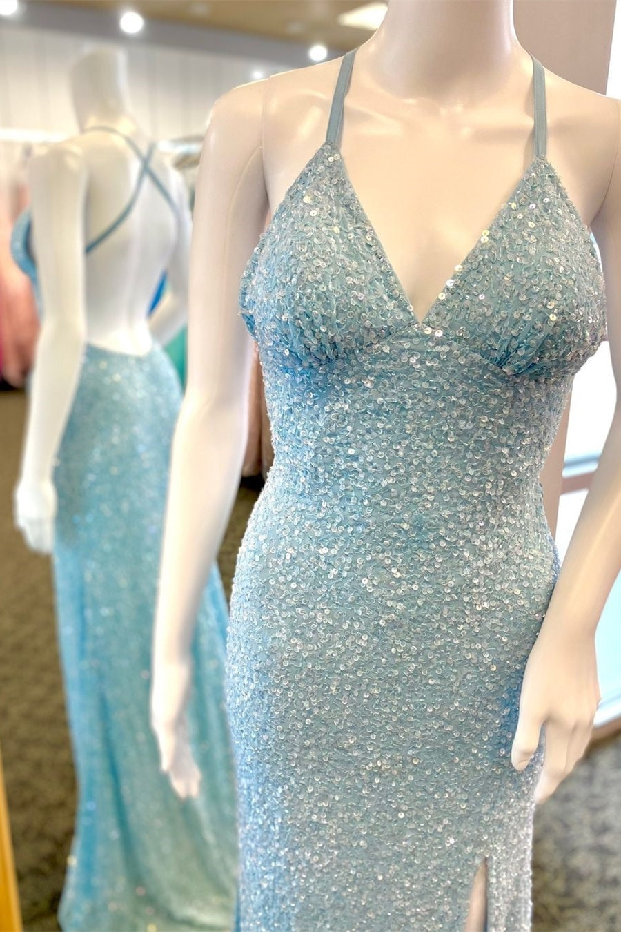 Empire Light Blue Sequin Mermaid Long Formal Dress with HZ0307