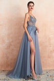 Misty Blue A-line Beaded Long Formal Dress with Side HZ0307