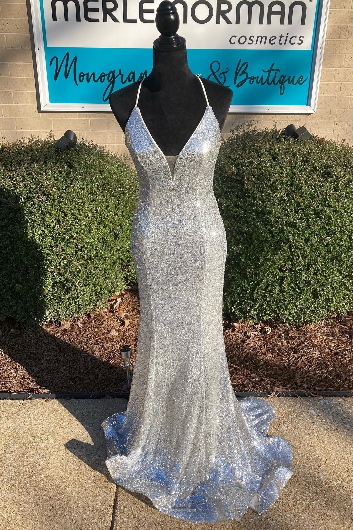 Shiny Silver Sequin V Neck Mermaid Long Prom HZ0307