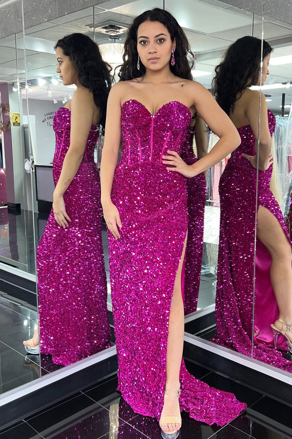 Sweetheart Fuchsia Sequin Mermaid Long Prom Dress with HZ0307