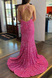 Straps Pink Sequin V Neck Mermaid Long Formal HZ0307