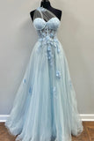 One Shoulder Blue Floral Lace Long Prom HZ0307