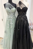 One Shoulder Blue Floral Lace Long Prom HZ0307