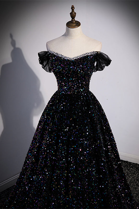 Black Sequin Off the Shoulder Long Formal HZ0307