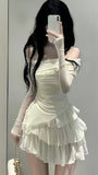 Off The Shoulder Chiffon Long Sleeves Homecoming Dresses Ivory Short Prom HZ0307