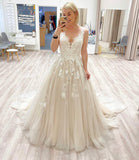 LTP1062,Light champagne tulle prom dress,a-line applique v-neck long evening formal dresses,long wedding HZ0307