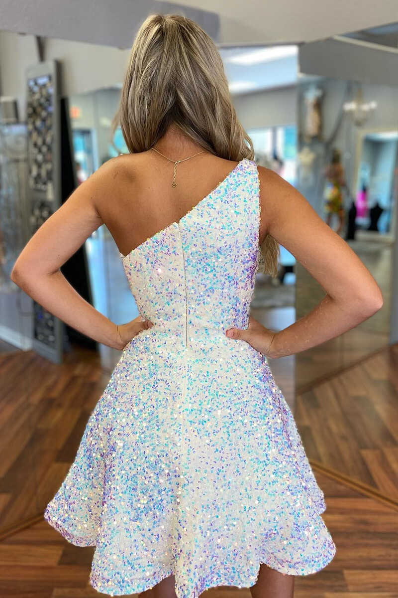 LTP1409,White Iridescent Sequin One-Shoulder A-Line Short HZ0307
