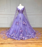 Lilac A-Line Tulle 3D Floral Prom HZ0307