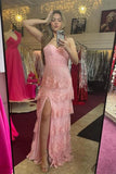 Straps Pink Appliques Tiered Ruffles Long Party HZ0307